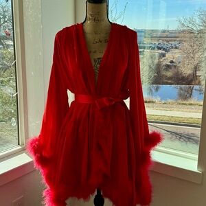 Red Sheer Feather Trim Women's Robe - Luxury Loungewear